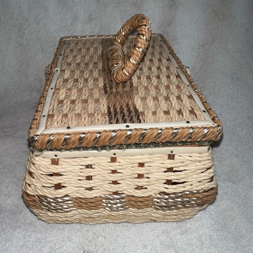 Vintage Braided Woven Wicker Sewing Basket Box Green Satin Lined Japan MCM